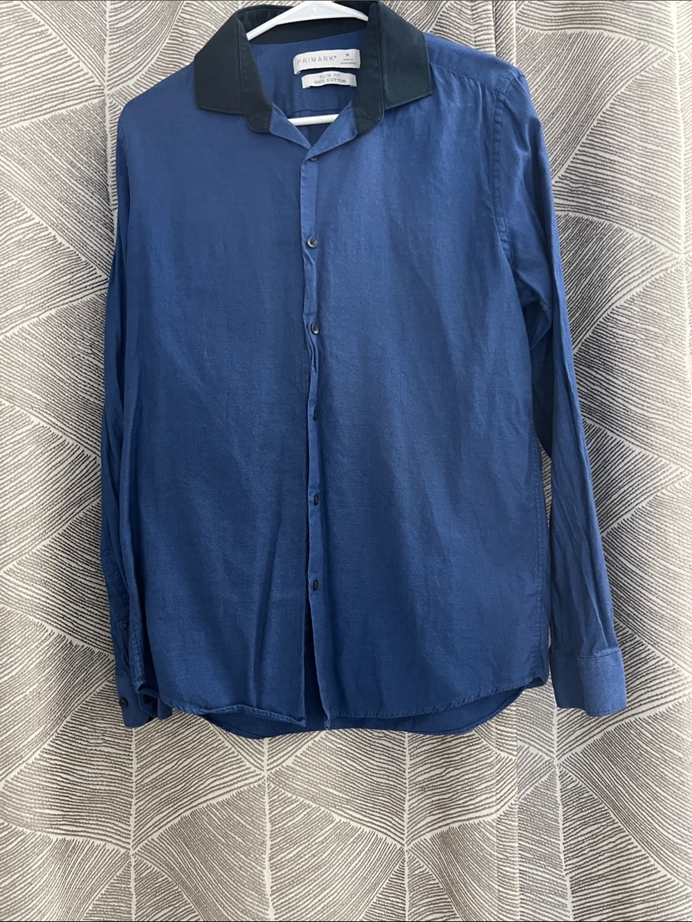 Primark Men's Blue Long-Sleeve Shirt with Dark Contrast Collar